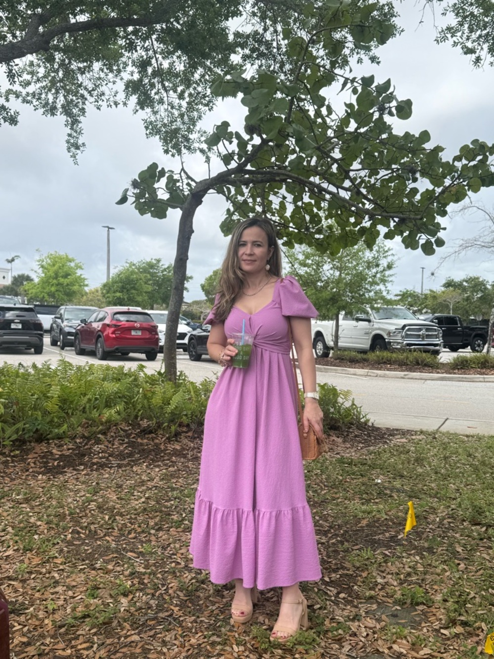 Women's Pink Puff-Sleeve Maxi Dress - Elegant Everyday Style